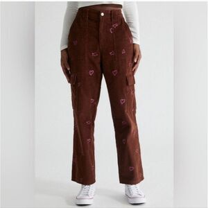 Nwt Pacsun Heartbreaker Corduroy Cargo Elastic Waist Pants Pink Embroidy Size XS
